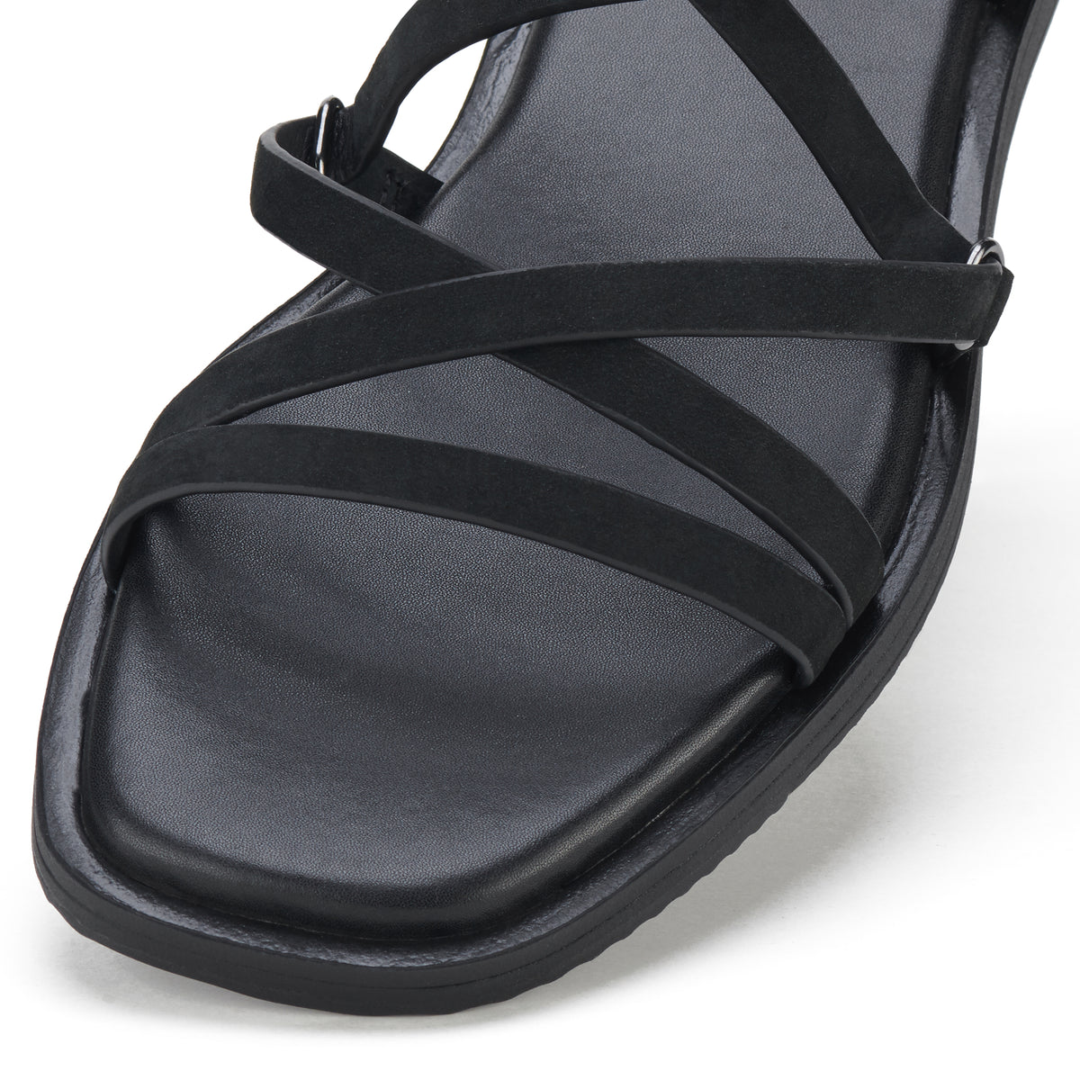 Men Black Laser Cut and Stitched Design Roman Sandal with Buckle Strap