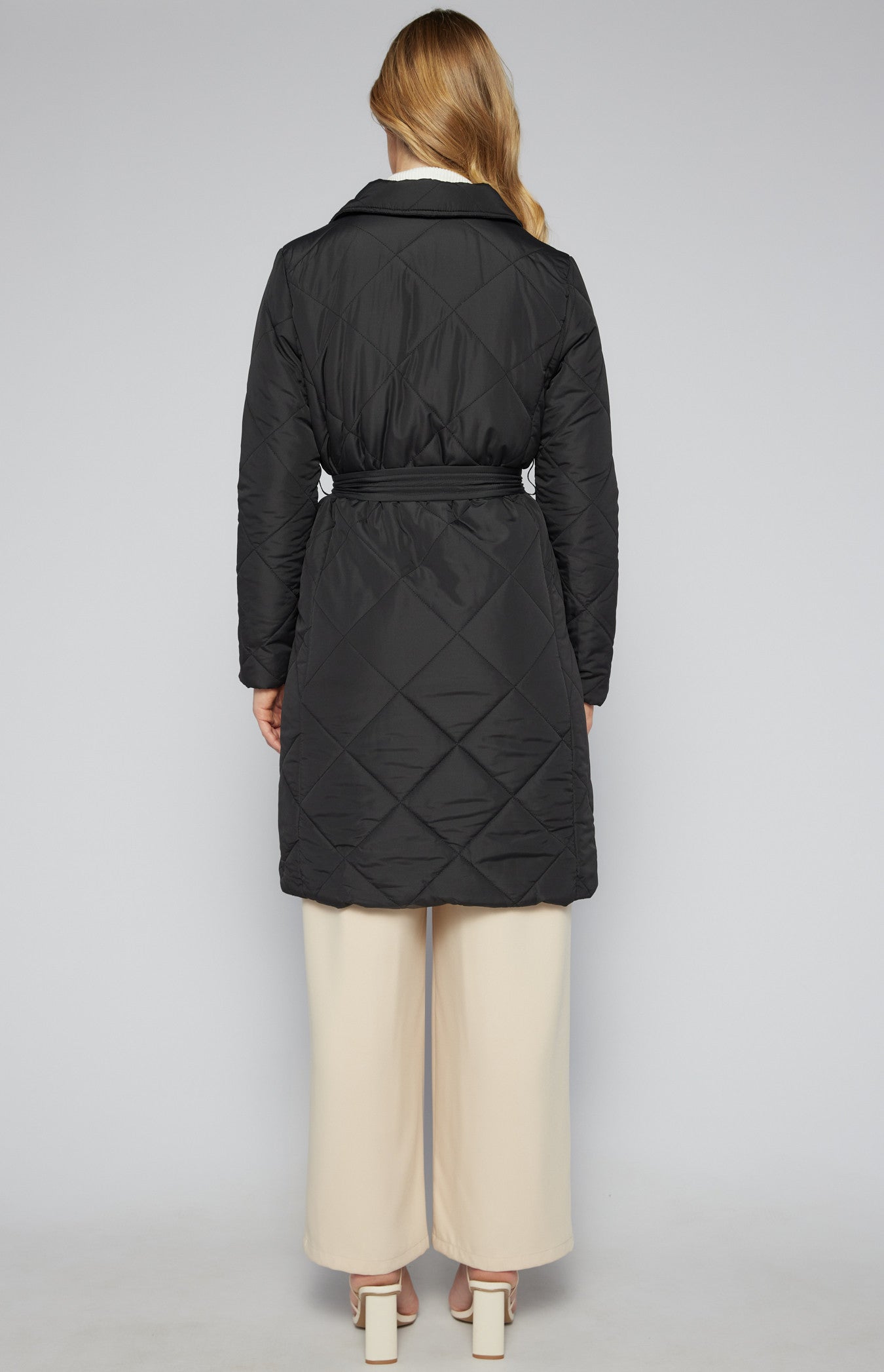 Longline Quilted Puffer Jacket with Belt - BLACK